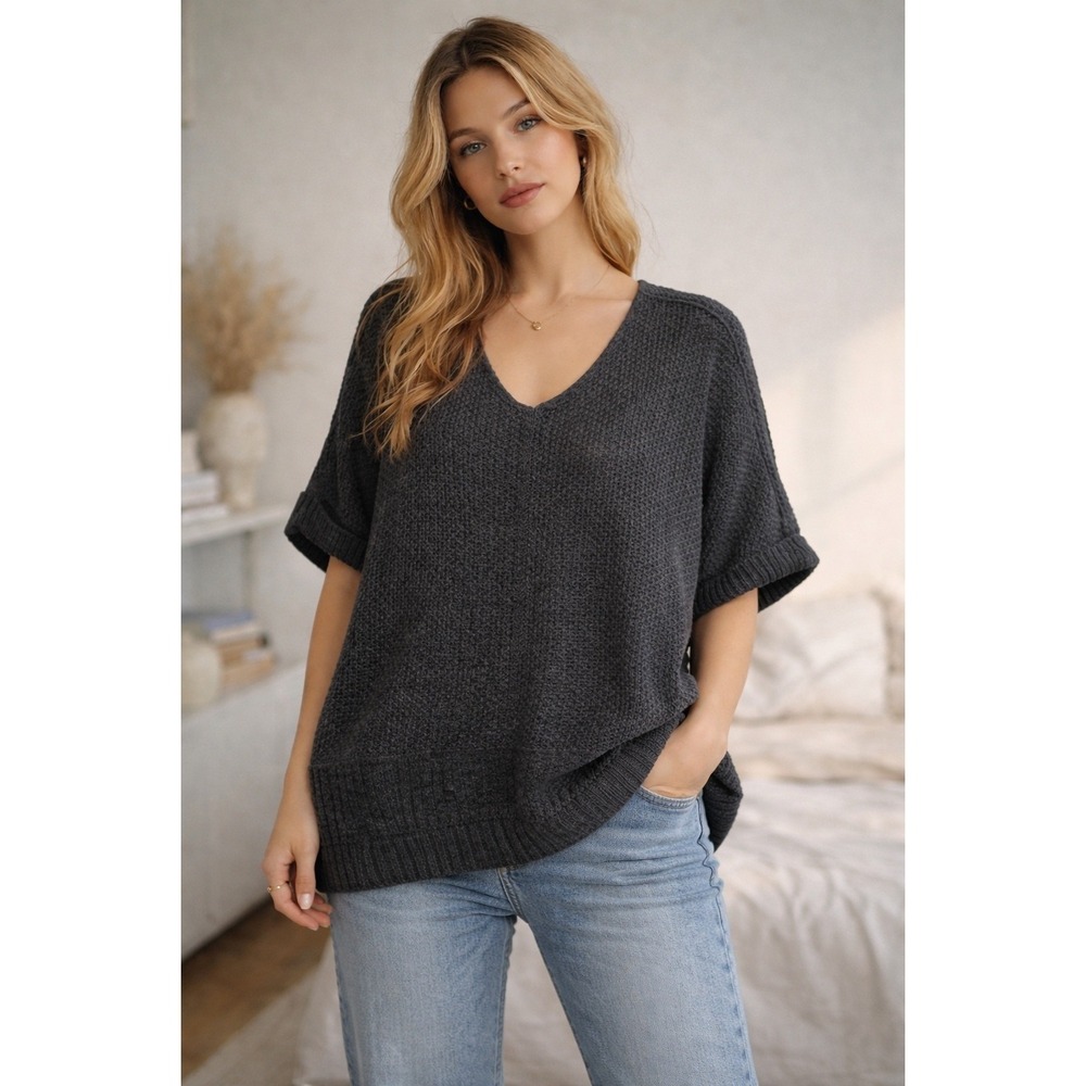 Adora Oversized Black Crochet V-Neck Sweater Sz XL Cover Up Layering Piece Slits